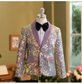 Boys kids light purple pink sequins jazz dance coats host singers choir recital music production paino performance blazers flower boys dress suit for kids